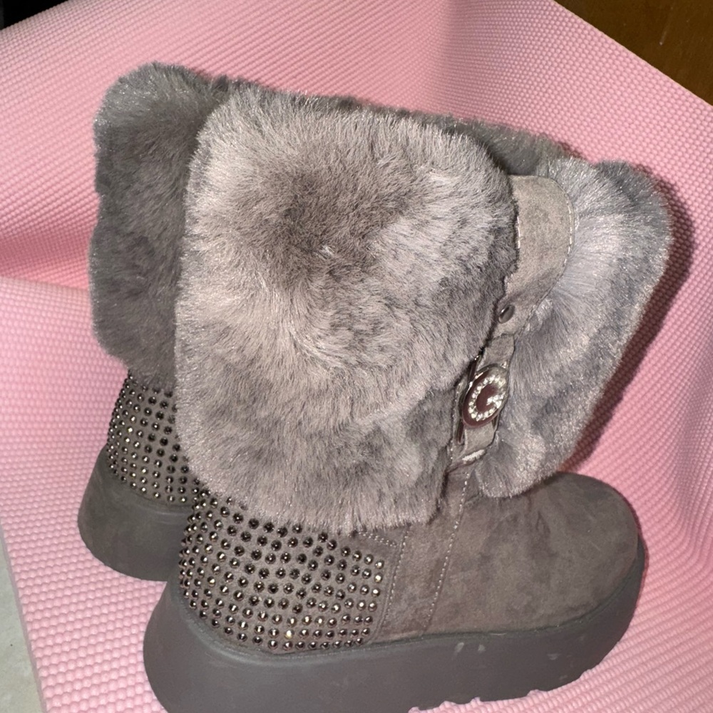 Gray Faux Fur Studded Boots (GUESS)